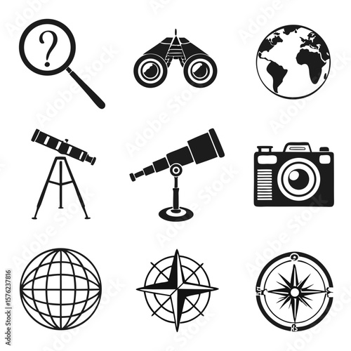 Collection of scientific and exploration icons including telescope binoculars and global navigation symbols showcasing curiosity and discovery themes
