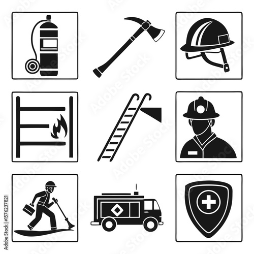 Collection of essential safety and emergency equipment icons including fire extinguisher, axe, helmet, fire safety sign, ladder, firefighter, rescue