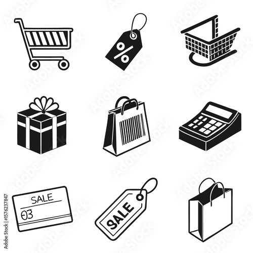 Minimalistic collection of shopping icons including carts tags gifts and sale labels for e-commerce or retail design concepts and user interfaces