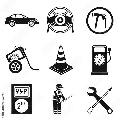 Collection of essential roadside safety and vehicle maintenance icons including car, steering wheel, hammer, traffic cone, and repair tools