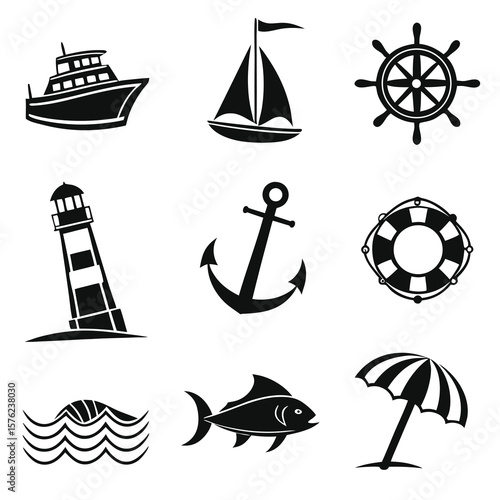 Collection of assorted nautical symbols including ships lighthouses anchors and marine life icons on a white background for maritime theme
