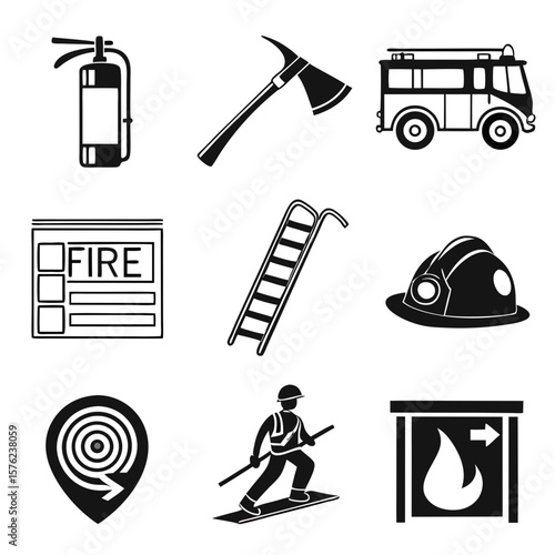 Emergency safety equipment and firefighting tools showcase essential rescue and hazard management devices for safety preparedness and risk mitigation