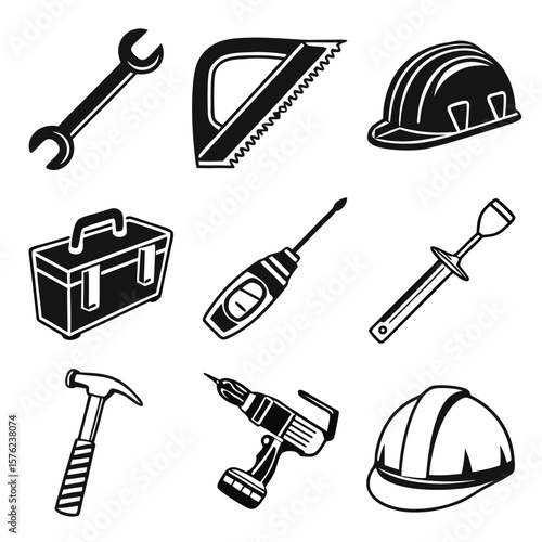 Collection of Basic Construction and Repair Tools Including Wrench Saw Helmet and Drill for Building and Maintenance Work