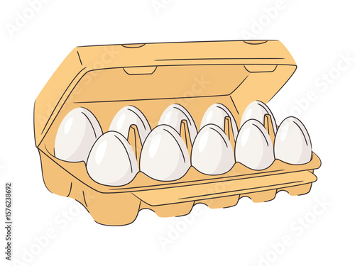 Ten fresh chicken eggs raw in a carton box on white background. Healthy eating or farm fresh concept, protein. Bright and clean design, minimal vector illustration