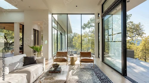 Daytime view of airy modern home with floor-to-ceiling glass and open sliding doors, sunlight pouring into minimalist interior