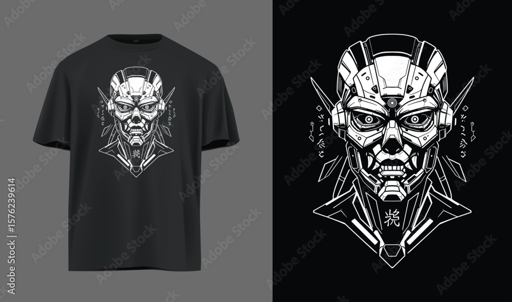 Fototapeta premium Futuristic Cyborg Face Vector – White Minimal Techwear Design on Black