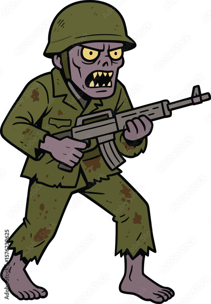 Fototapeta premium Barefoot cartoon soldier in camouflage holding rifle, army illustration, combat character, military drawing, warfare concept, armed stance