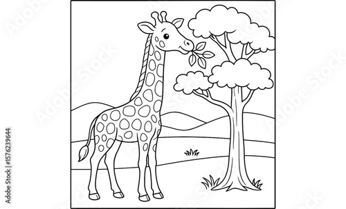 Playful giraffe eating leaves in a coloring book scene for kids
