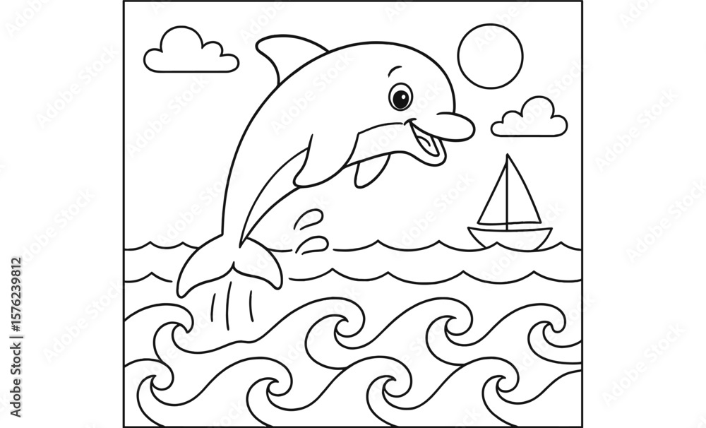 Obraz premium Cute dolphin coloring page with sailboat and waves for kids