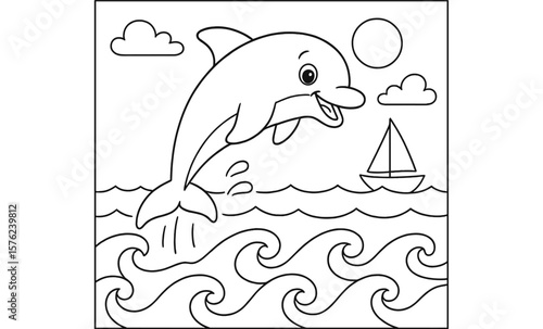 Cute dolphin coloring page with sailboat and waves for kids