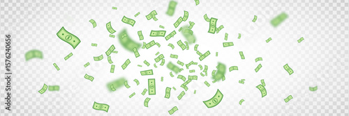 Dollar banknotes falling on transparent background. Dollars icon explosion. Money in a flat style. Cartoon cash sign. Currency collection. Paper bank notes. Jackpot, big win. Vector illustration