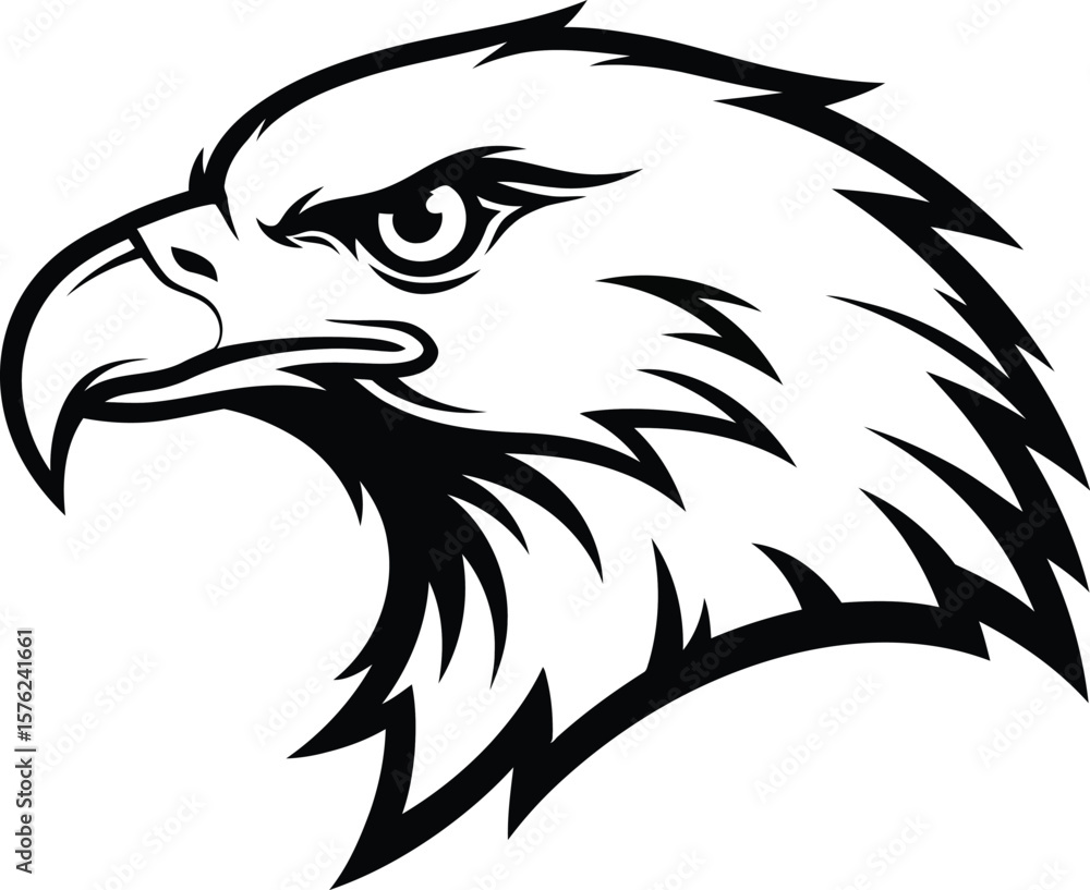 Obraz premium A fierce eagle head in profile, isolated on white background, embodies power and determination