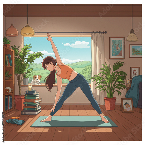 Woman Practicing Yoga at Home with Cute Dog Watching, Illustration of Healthy Lifestyle and Relaxation