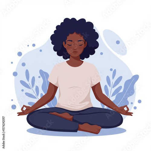 Young Black Woman Meditating in Lotus Pose, Relaxation and Mental Health Concept Illustration