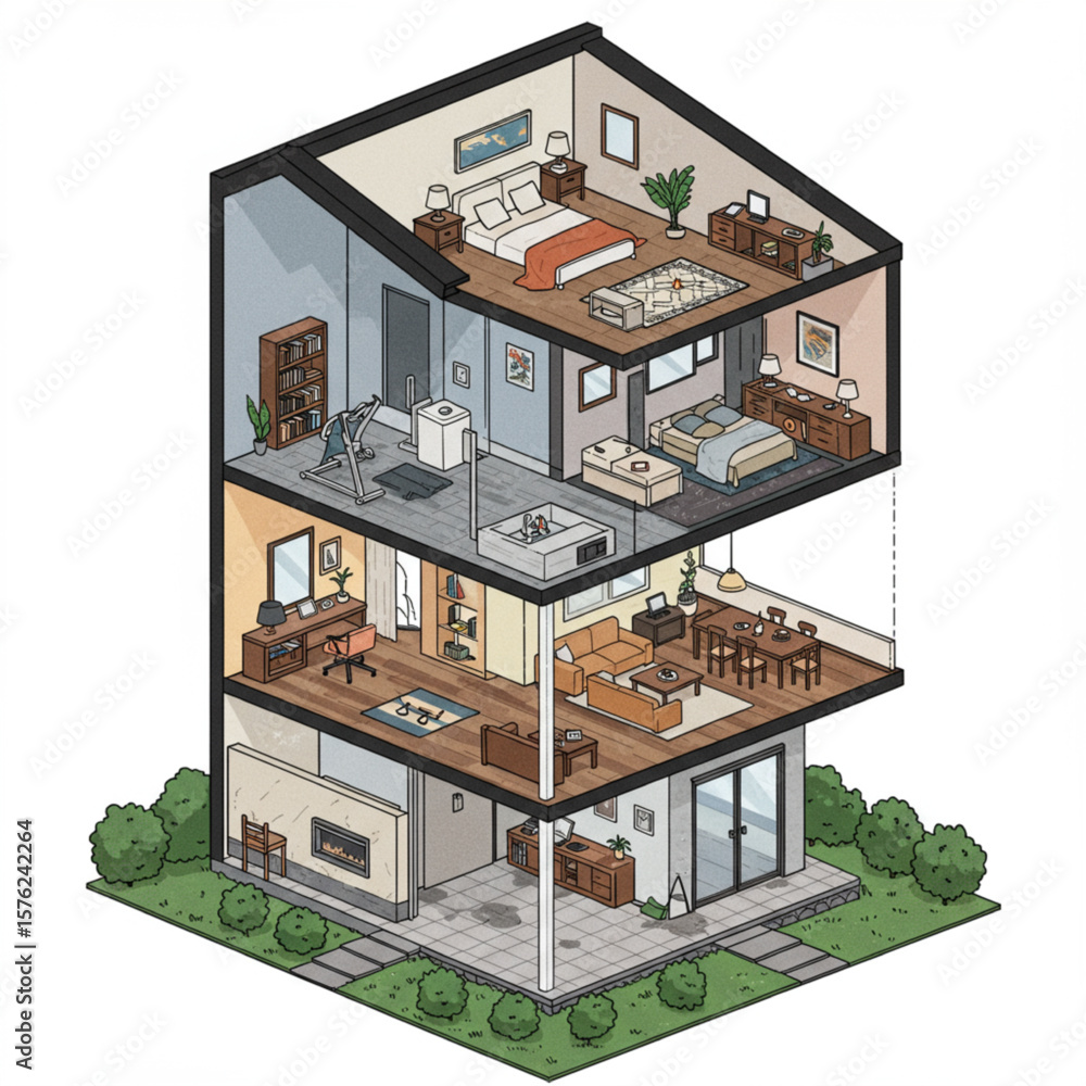 Isometric Illustration of Modern Multi Story House Interior with Detailed Rooms Cross Section Isometric Illustration of Modern Multi Story House Interior with Detailed Rooms Cross Section