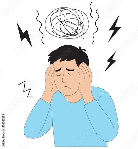 Young Man Holding Head in Pain with Lightning Bolts Migraine or Headache Concept Vector. Frustrated Man Suffering from Intense Headache Mental Pressure and Stress Illustration.