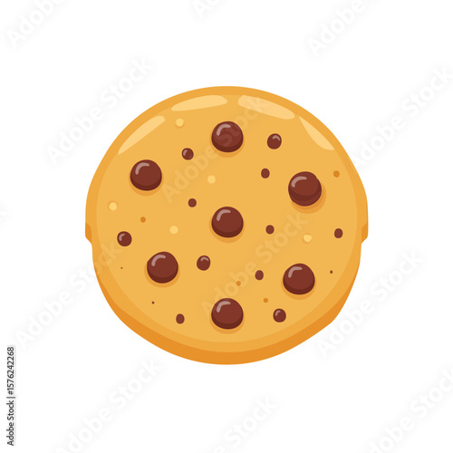 A tempting close-up of a single chocolate chip cookie. It is perfectly baked with delightful chocolate chips.