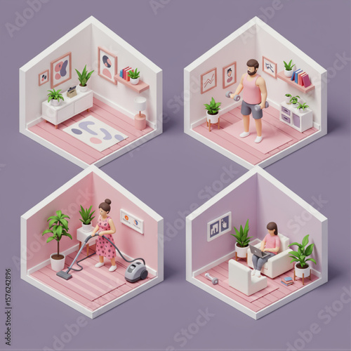 Isometric 3D Illustration of Daily Life Activities at Home