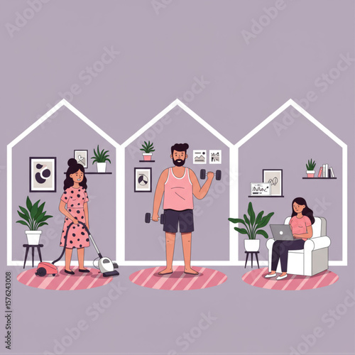 Daily Life Activities at Home During Quarantine Lockdown: Cleaning, Fitness, Working