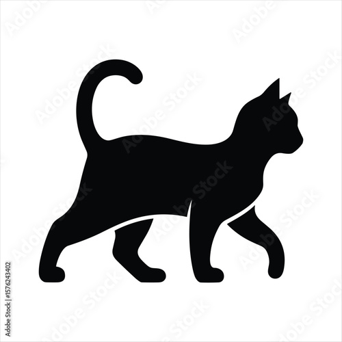 Black cat silhouette walking profile view on white background feline animal