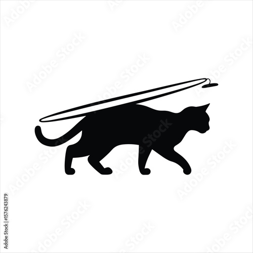Black cat silhouette walking with a hula hoop above its back white