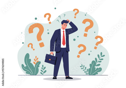 A confused businessman in a suit stands amidst question marks, symbolizing uncertainty and the challenges of decision-making in a complex business environment.