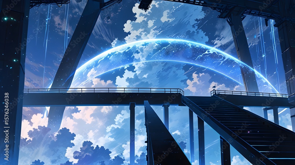 Naklejka premium Bridge to Nowhere: A long, elegant bridge made of translucent crystal arches high over an endless abyss, disappearing into a swirling fog on the other side.