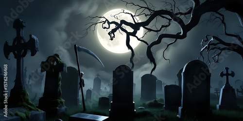 Moonlit graveyard with scythe and tree at night

