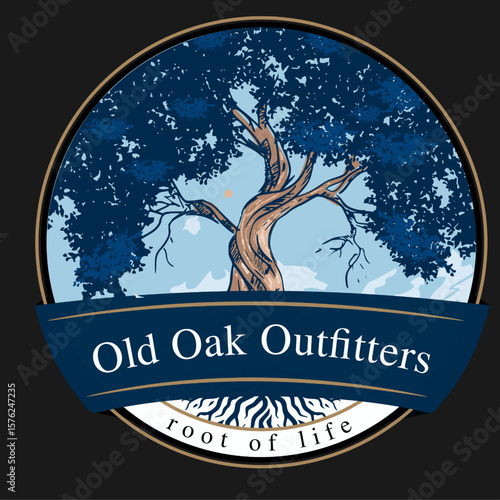 Vintage tree logo design featuring a majestic old tree with sprawling branches inside a circular frame, complemented by a dark ribbon banner for customizable text. 