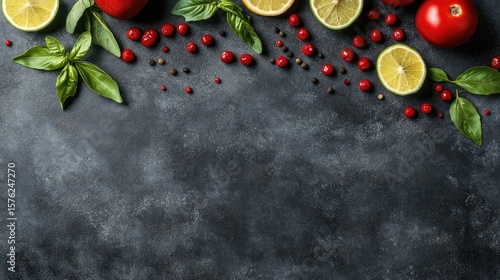 Wallpaper Mural Fresh herbs, fruits, and spices arranged on a dark textured surface. Torontodigital.ca