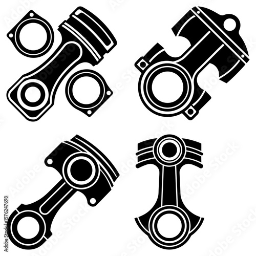 Illustration showing four different piston and connecting rod designs in black and white style drawing
