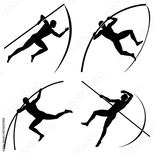 Silhouette illustration showing four stages of a pole vaulter in action during a vaulting sequence
