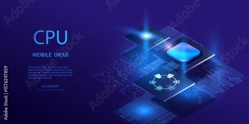 CPU isometric ai banner. Futuristic microchip processor background. Quantum processing computer database concept. Central Computer Processors CPU design. Digital chip vector.