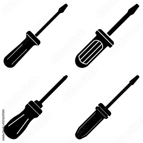 Four screwdrivers with different handles arranged in a square on a white background image view
