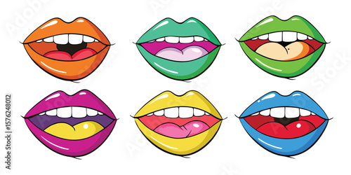 Vibrant open mouths with colorful lips and white teeth vector