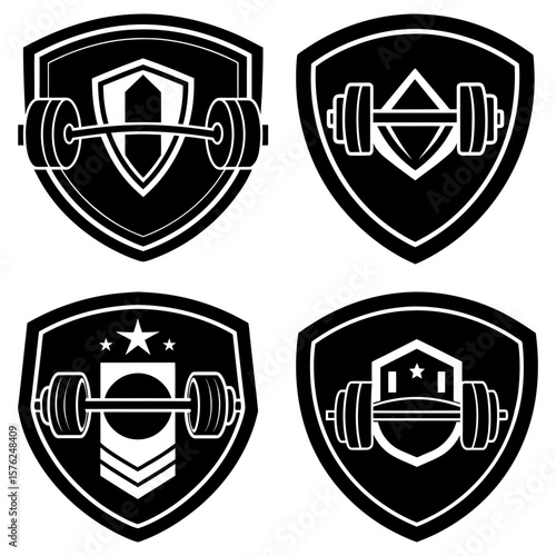Four black and white shields displaying different barbell designs for fitness and strength training emblems