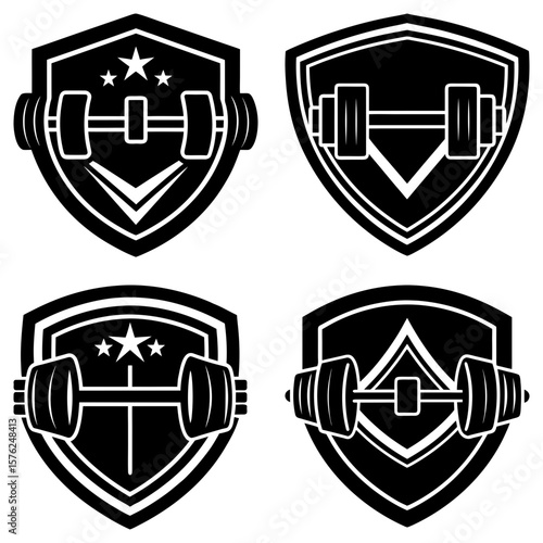 Four shield emblems with dumbbells and stars in black and white fitness and strength training illustration