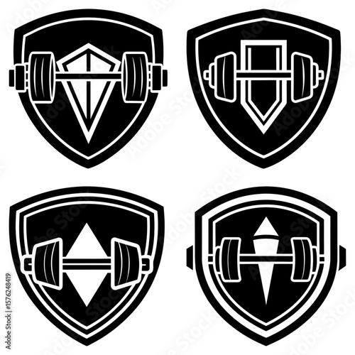 Collection of four black and white shield emblems featuring a barbell and geometric shapes inside