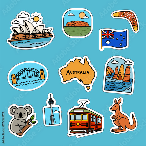 Cartoon icons of Australia landmarks, animals and culture on blue background, travel design set