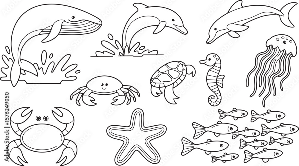 Fototapeta premium Sea Ocean Animals Marine Life Under The Water Outline