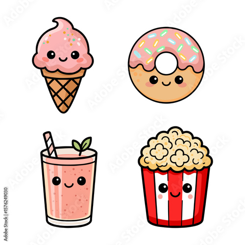 Cute cartoon icons of sweets and snacks: donut, ice cream and smoothie and popcorn with faces