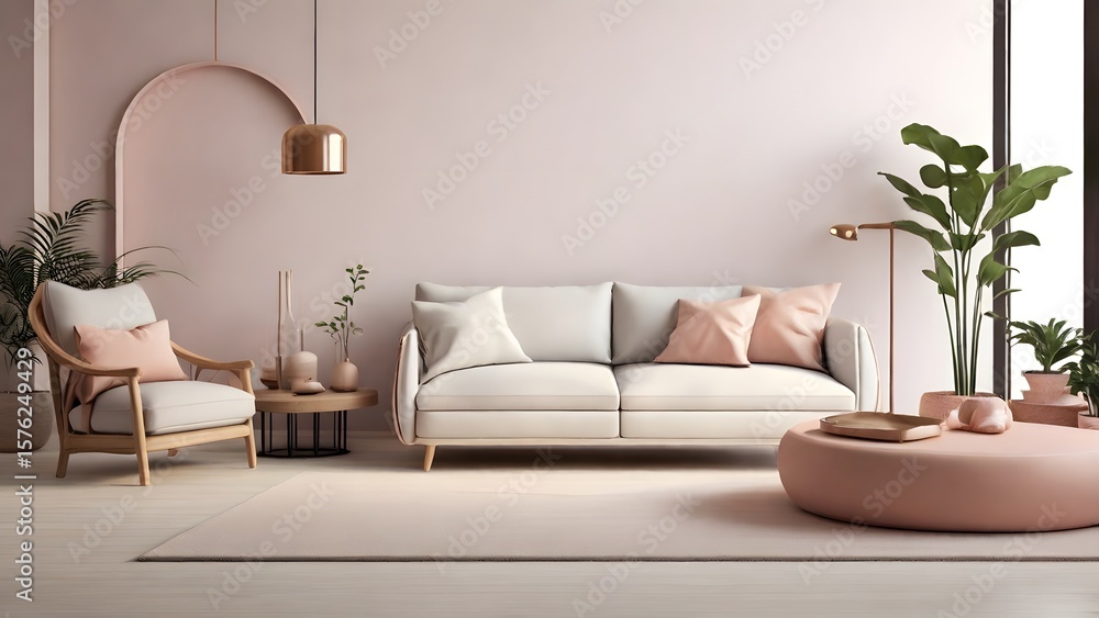 Fototapeta premium Serene living room interior with blush tones, modern furniture, and natural light