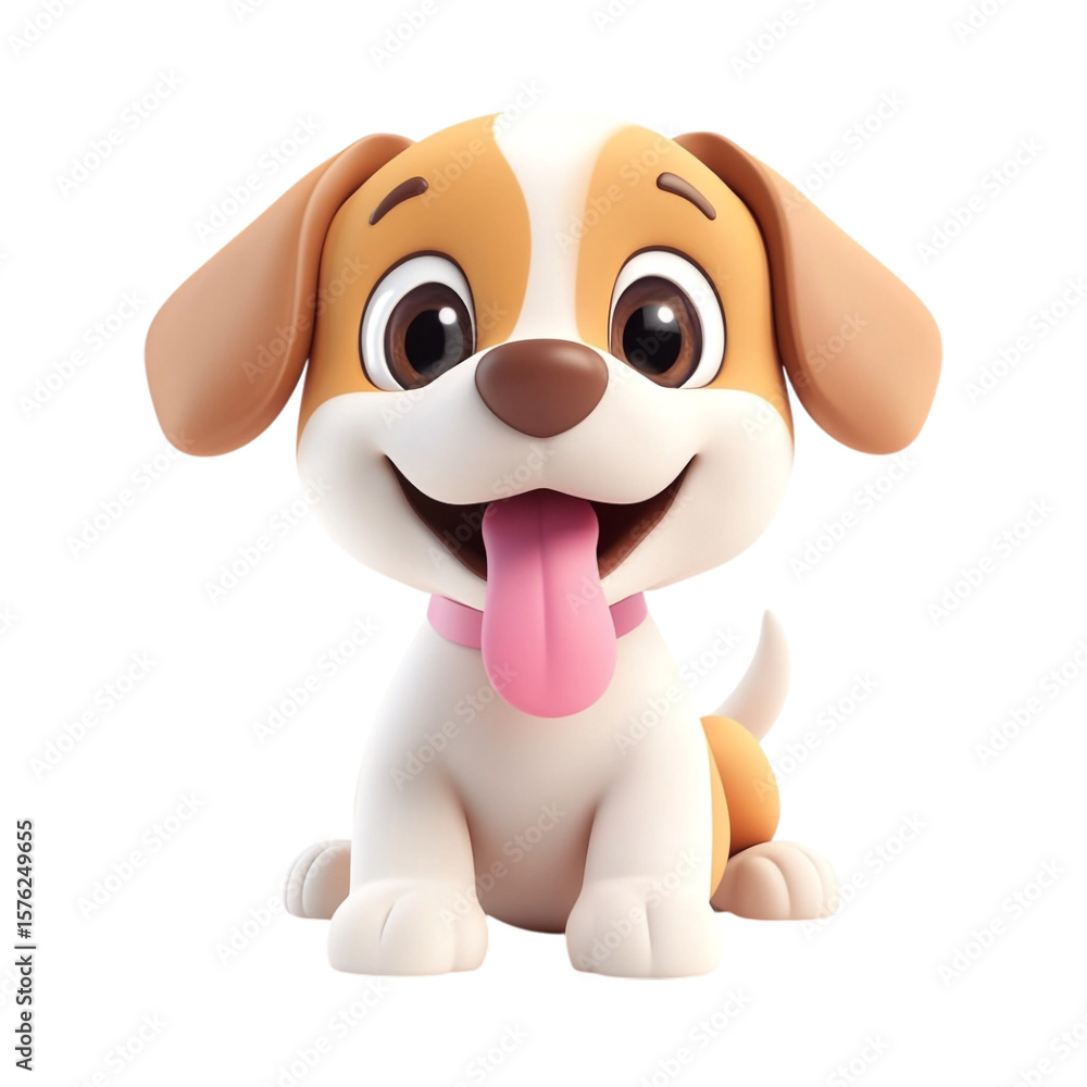 Obraz premium PNG 3D Rendering Minimalist Cartoon Style Puppy with a Pink Collar Against Transparent Background for Pet Illustrations, Animal Graphics, or Cute Designs