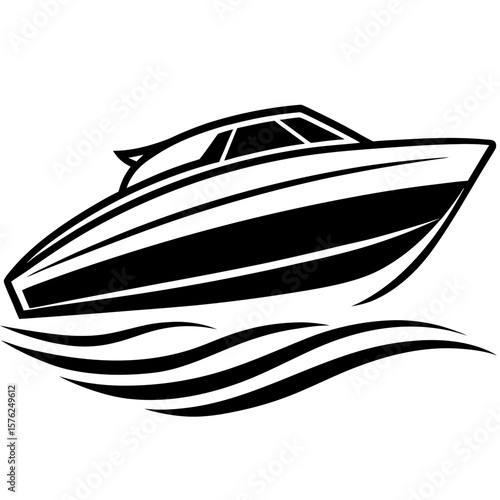 Sleek motorboat moving through stylized waves silhouette isolated on white background