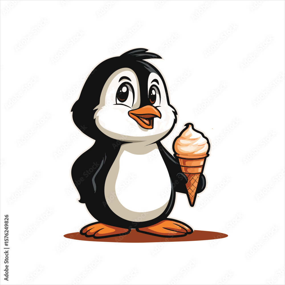Obraz premium Cute Penguin with Ice Cream Cartoon | Happy Summer Dessert Illustration 