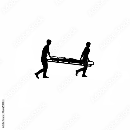 Silhouette of two paramedics lifting stretcher together on white background