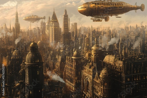 steampunk cityskyline with airships and brass buildings