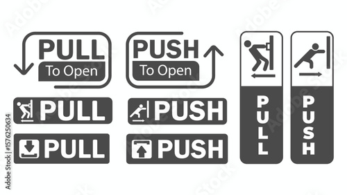 Collection of Black and White Door Signs Pull and Push Instructions for Opening Doors