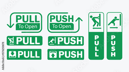 Collection of Green and White Pull and Push Door Instruction Signs on Plain Background