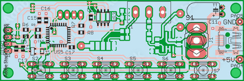Vector printed circuit board of electronic 
device with components of radio elements, 
conductors and contact pads placed on pcb. 
Engineering technical drawing. Computer technic cad design.